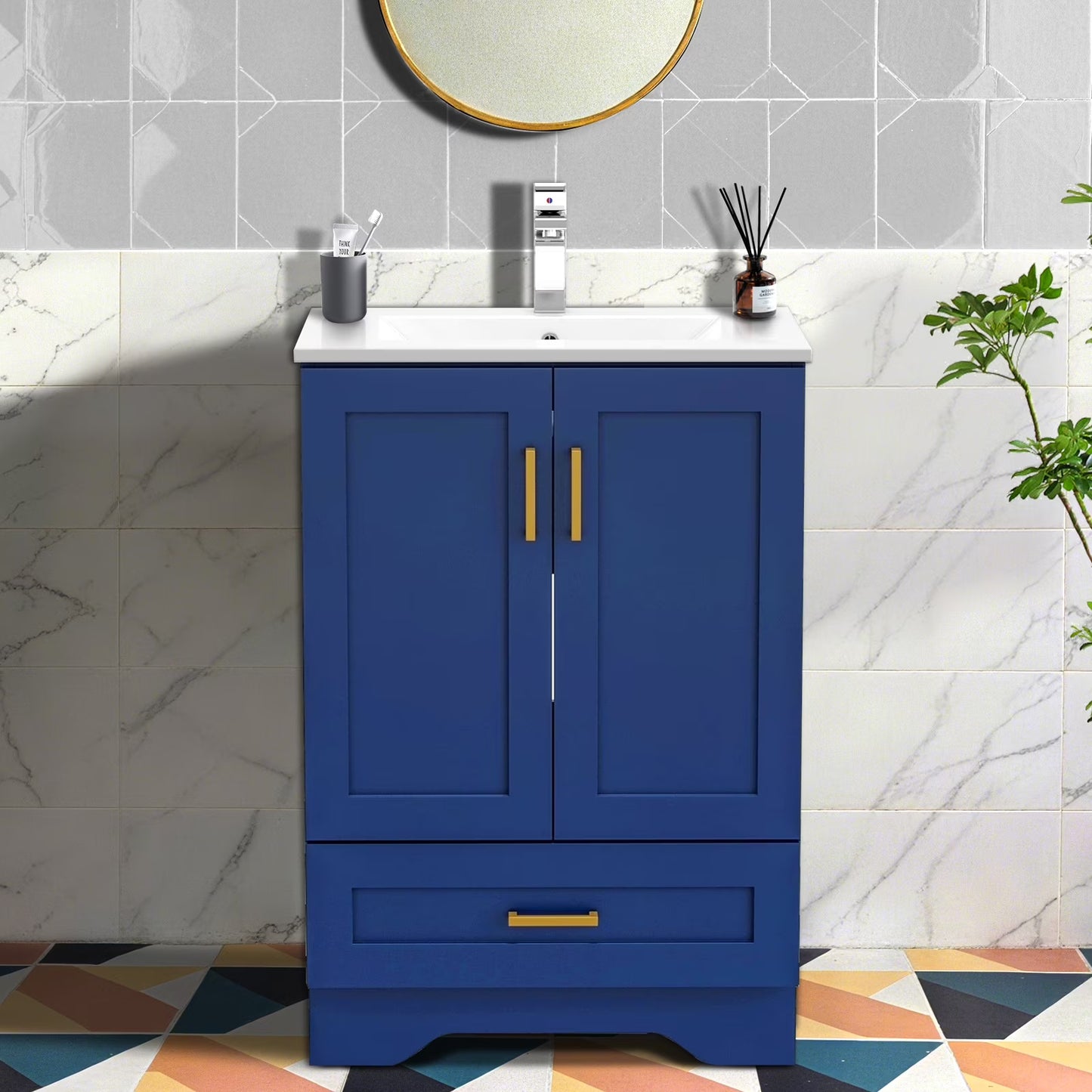 24" Bathroom Vanity with Ceramic Undermount Sink - Freestanding 2-Door & 1-Drawer Storage Cabinet, White