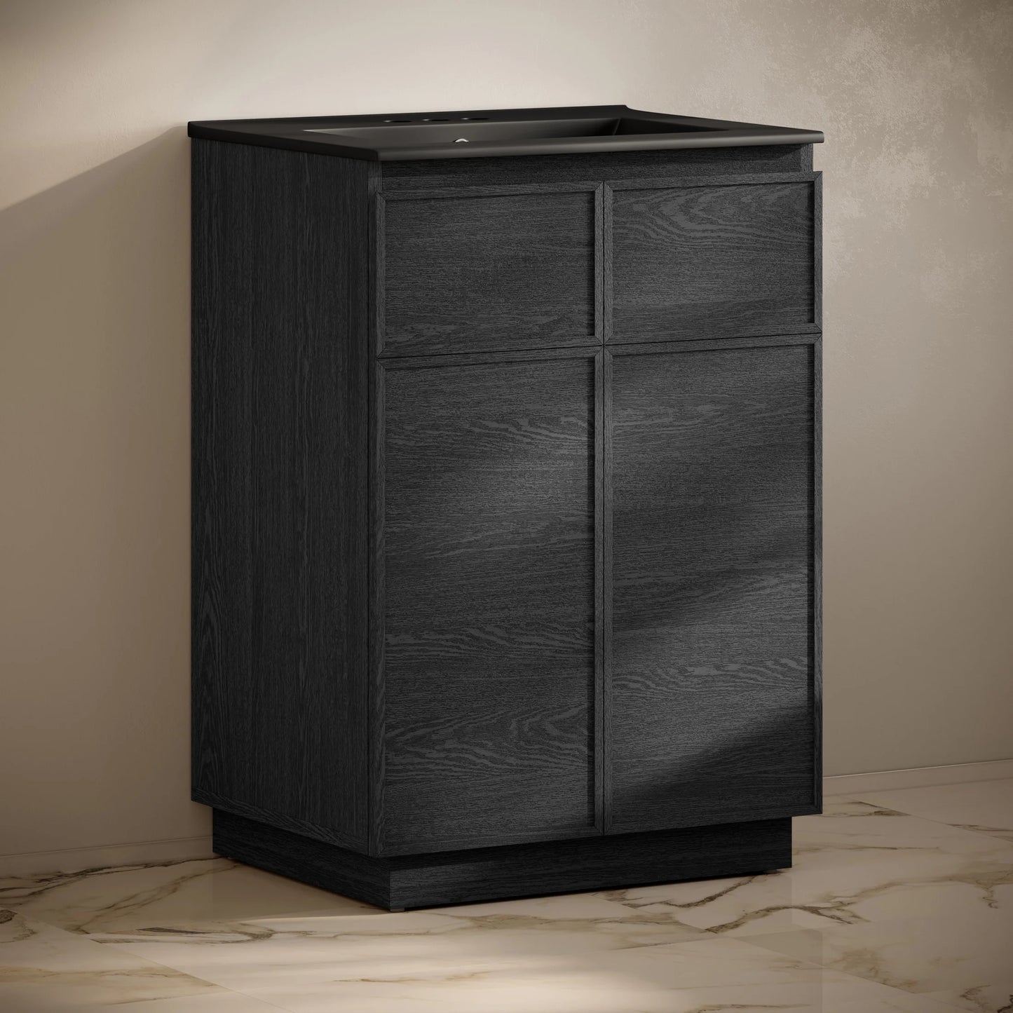 St. Tropez 24" Freestanding Bathroom Vanity in Black Oak with Black 3-Hole Centerset Sink Top