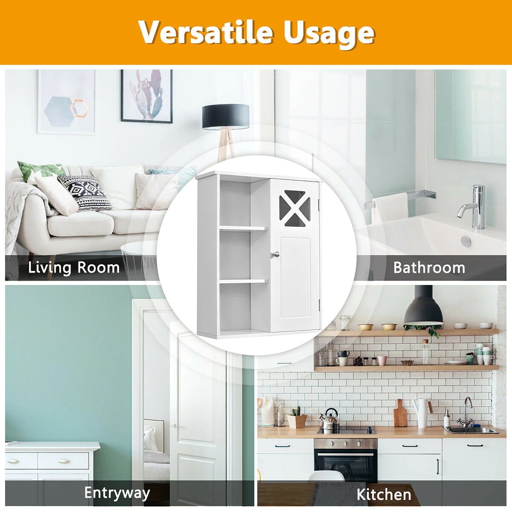 Costway Wall-Mounted Cabinet Bathroom Storage 2-Tier Shelf Multipurpose Organizer White