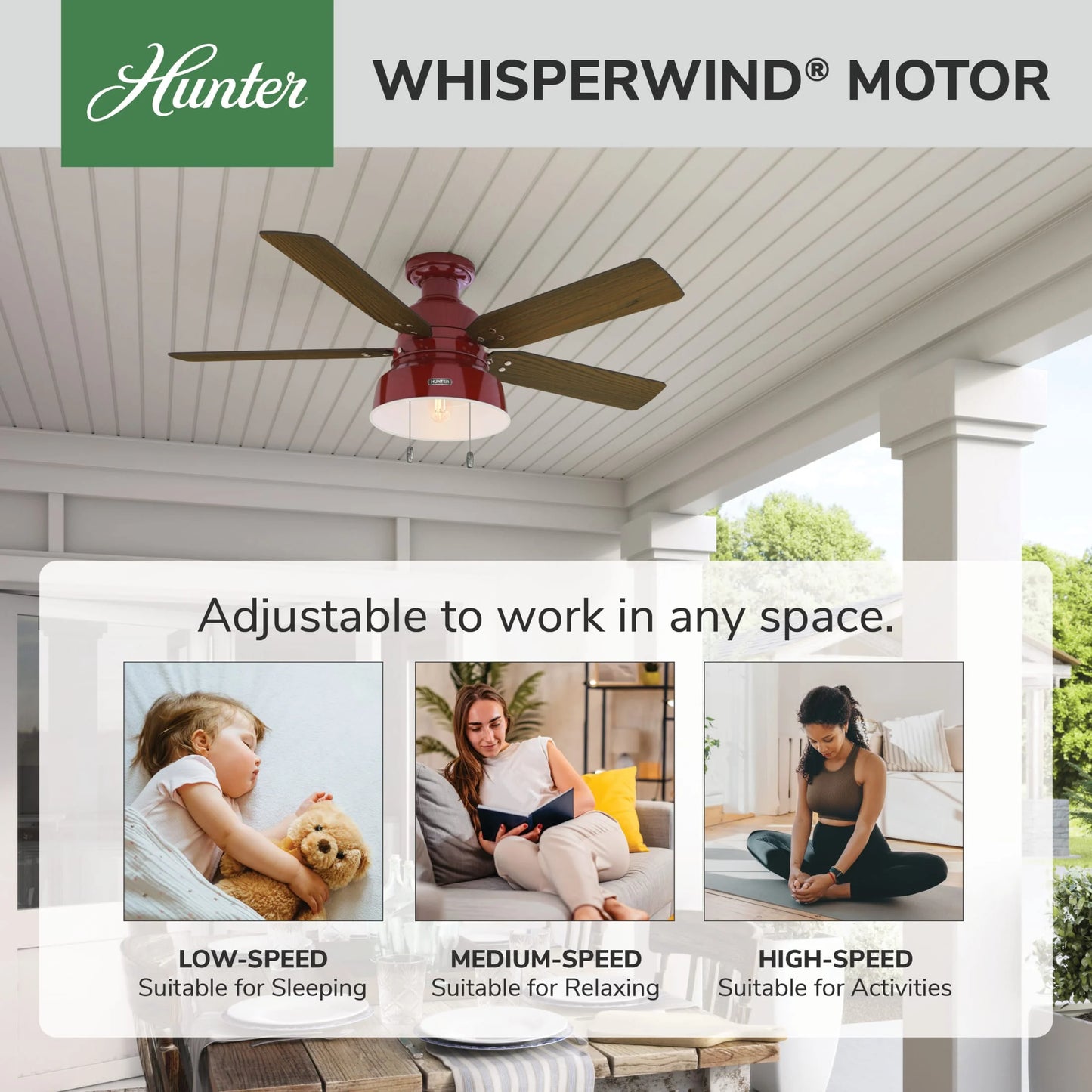Hunter - Mill Valley Indoor/Outdoor Low Profile Ceiling Fan With Light, 52-inch, Barn Red, Rustic-style, 3-speed WhisperWind Motor, 59312, for Porches, Bathrooms