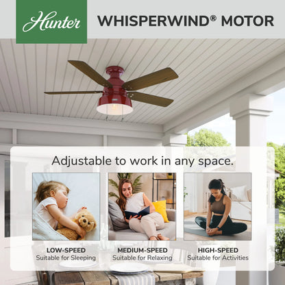 Hunter - Mill Valley Indoor/Outdoor Low Profile Ceiling Fan With Light, 52-inch, Barn Red, Rustic-style, 3-speed WhisperWind Motor, 59312, for Porches, Bathrooms