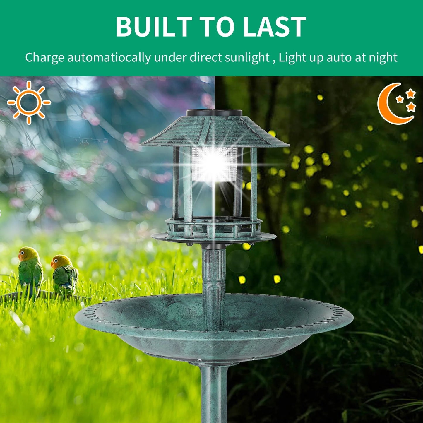 Ktaxon Wild Bird Bath Resin Pedestal Birdbaths with Solar Light Antique Sculpture Finish Garden Decor Dark Green