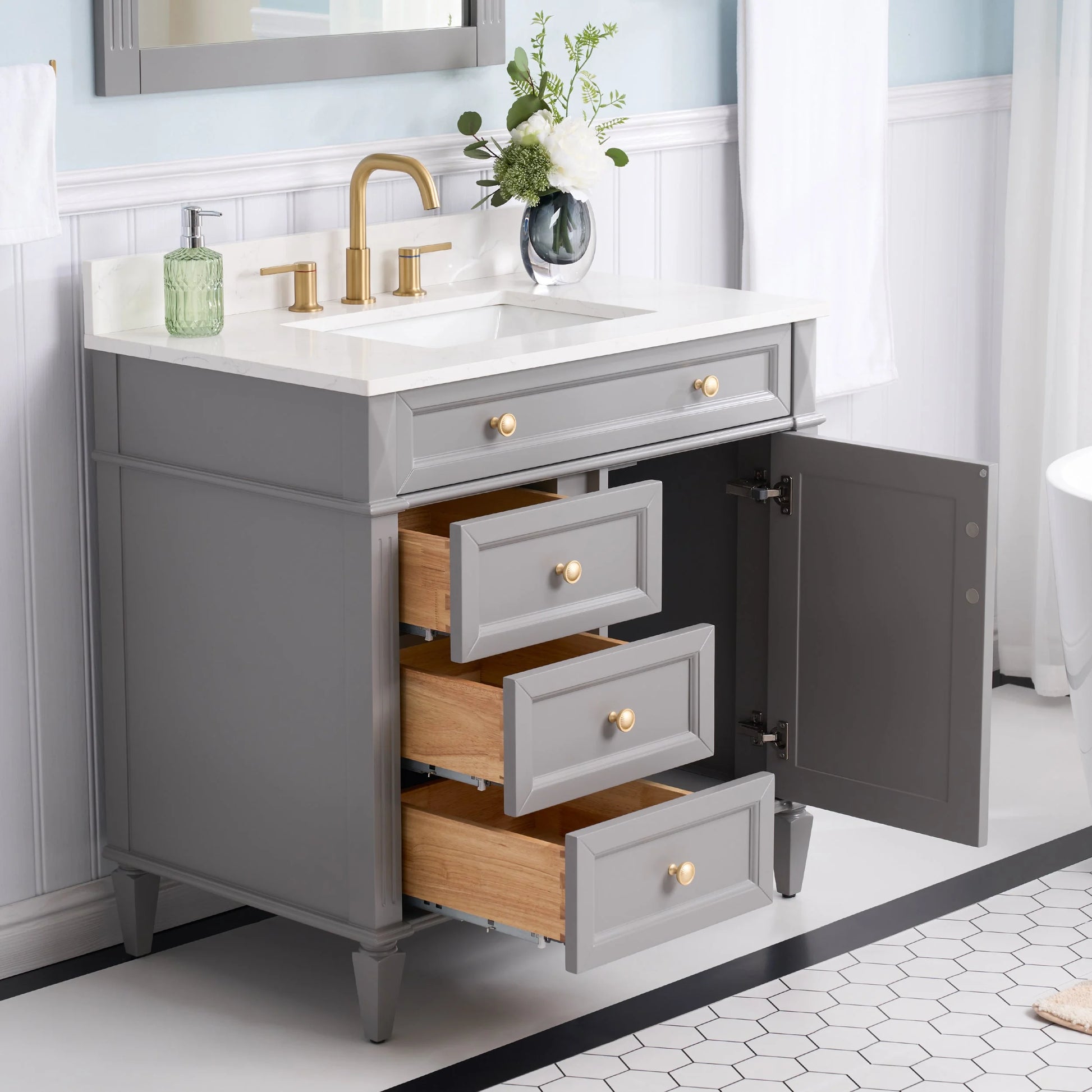 FORCLOVER 36" Bathroom Vanity with Sink Top Combo Set, Freestanding Solid Wood Bathroom Makeup Cabinet W/1 Soft-Close Door and 3 Soft-Close Drawers, Carrara White Quartz Countertop, Grey