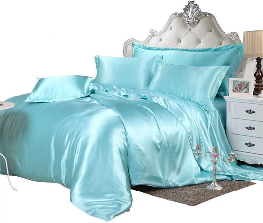Vuvet Bedding 100% Pure Silk Satin Sheet Set 7pcs, Silk Fitted Sheet 15'' Deep Pocket,Silk Flat Sheet,Silk Duvet Cover & Pillowcases Set !!! Twin, Aqua Blue