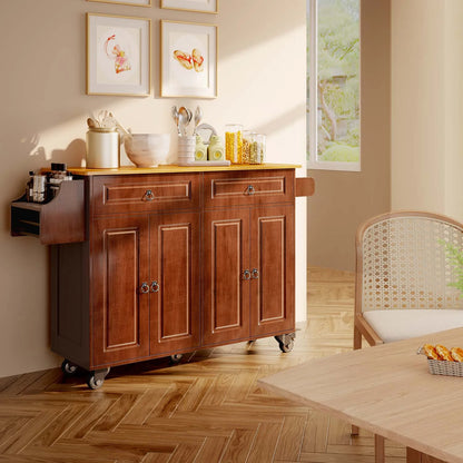 Lofka Kitchen Islands Carts with Storage, 52° kitchen Islands with 2 Storage Cabinet, Spice Rack, Towel Rack, Brown