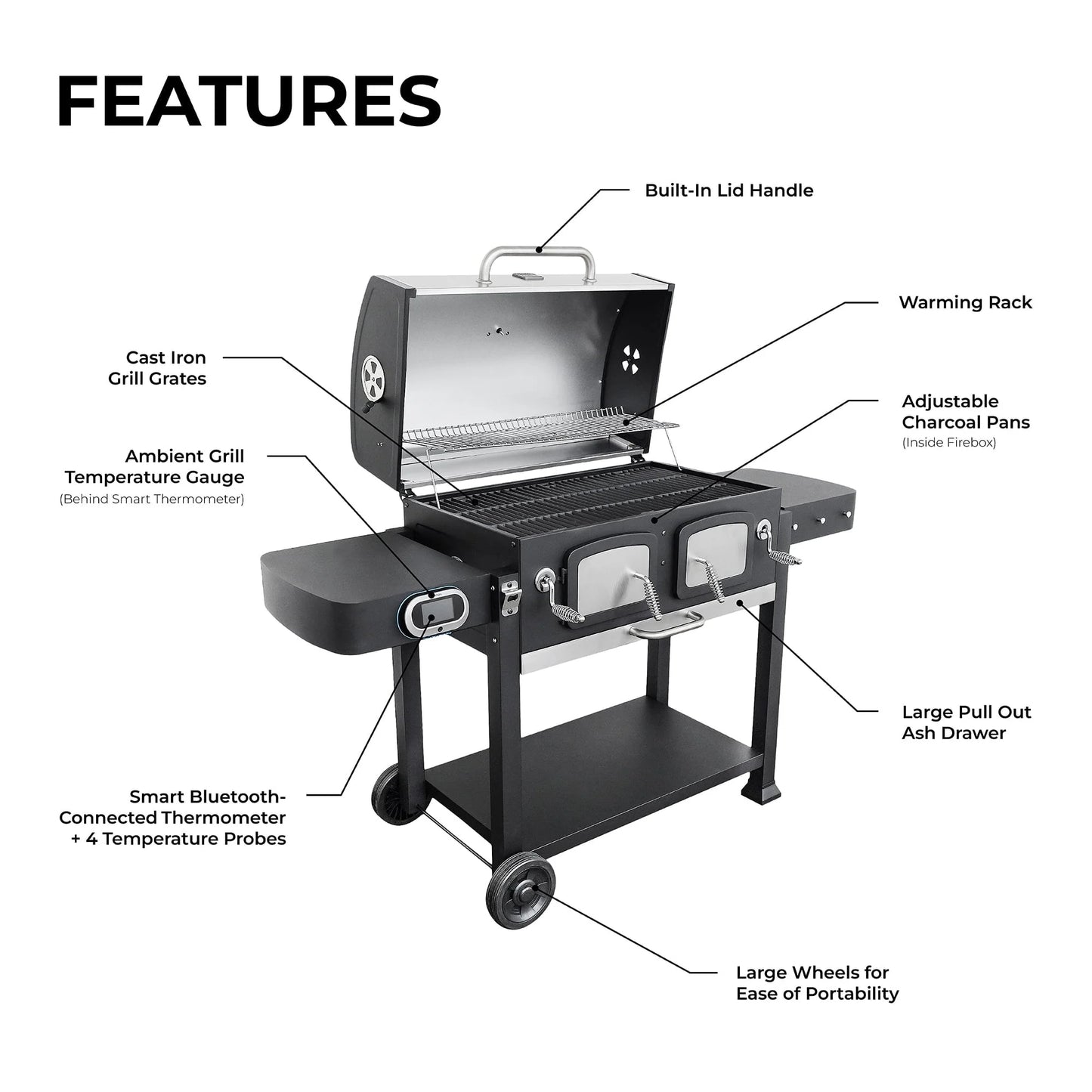 32-inch Smart Charcoal Grill with Bluetooth Meat Thermometer, LCD Display, and Temperature Probes, Stainless Steel/Black