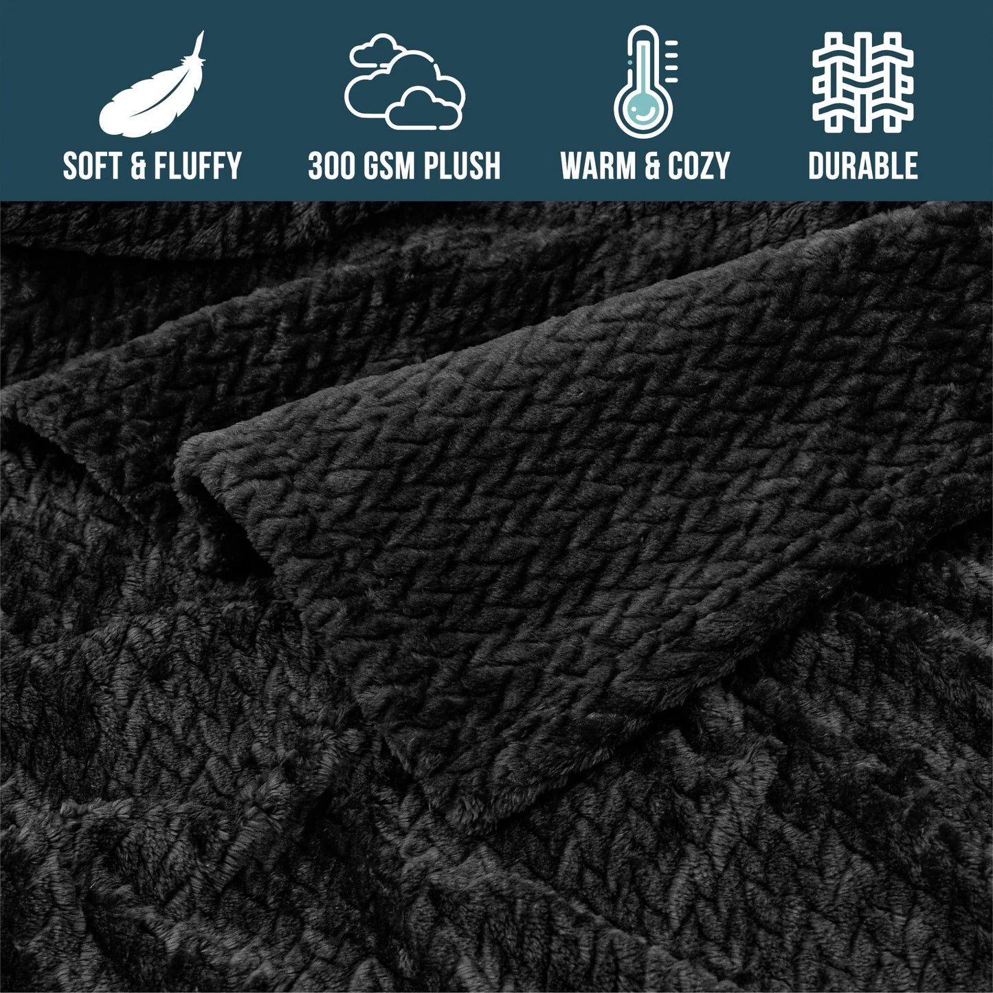 PAVILIA Soft Fleece Solid Black Throw Blanket for Couch, Lightweight Plush Warm Blankets for Bed, Fuzzy Cozy Flannel Blanket Throw for Sofa, Travel, Jacquard Pattern, Black, 50x60 inch