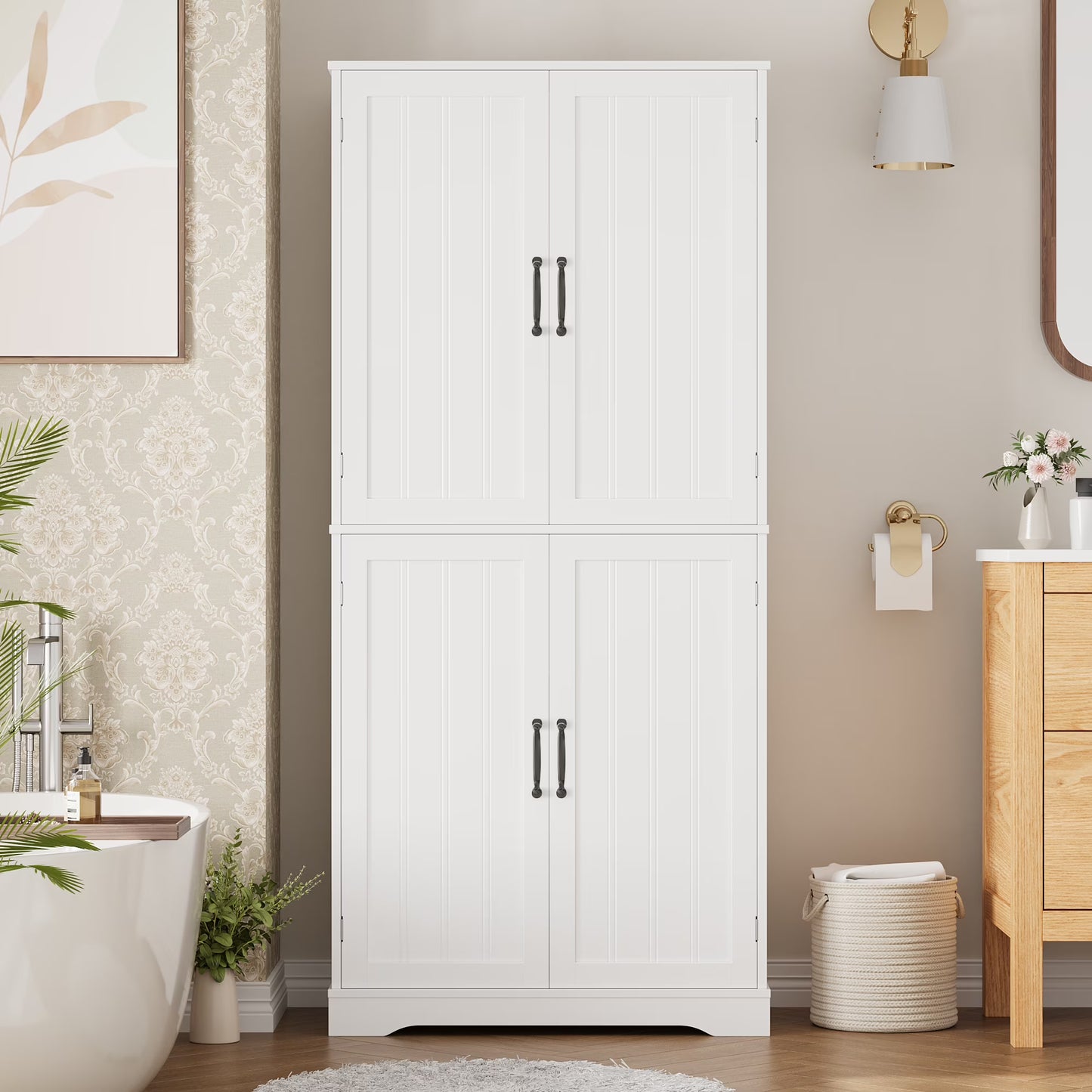 Homfa 71'' Bathroom Cabinet with 6 Storage Shelves, Freestanding Wooden Linen Cabinet for Living Room, White
