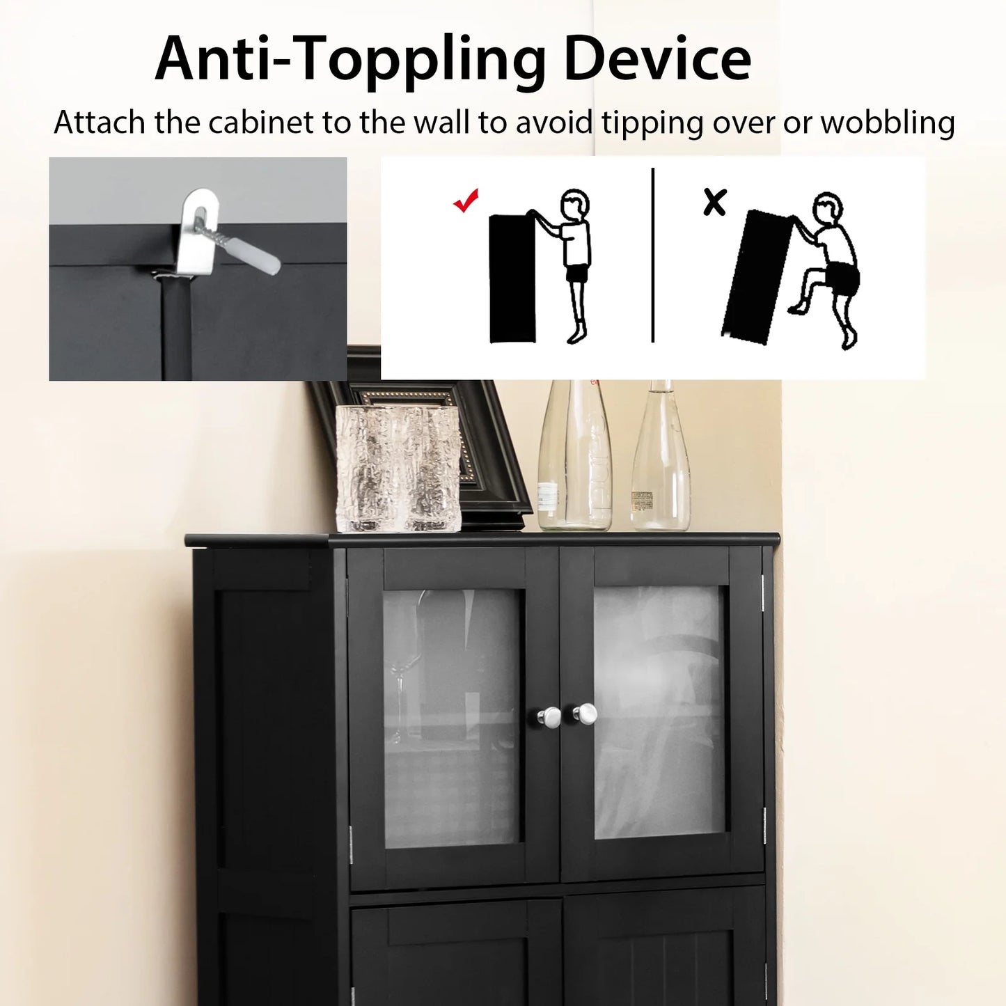 Costway Bathroom Floor Storage Cabinet Kitchen Cupboard w/Doors& Adjustable Shelf Black