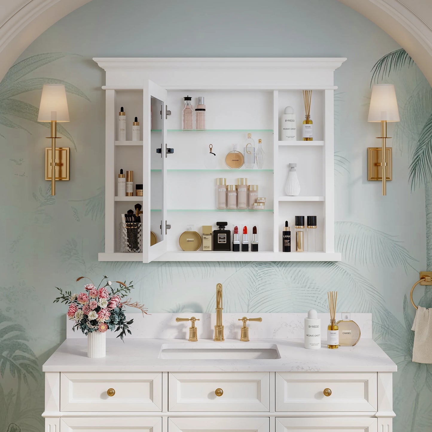 FORCLOVER 40"x 32" Bathroom Medicine Cabinet with 3 Adjustable Shelves, Recessed Mount Wooden Medicine Cabinet Storage with Mirrors and Soft-Close Door, White