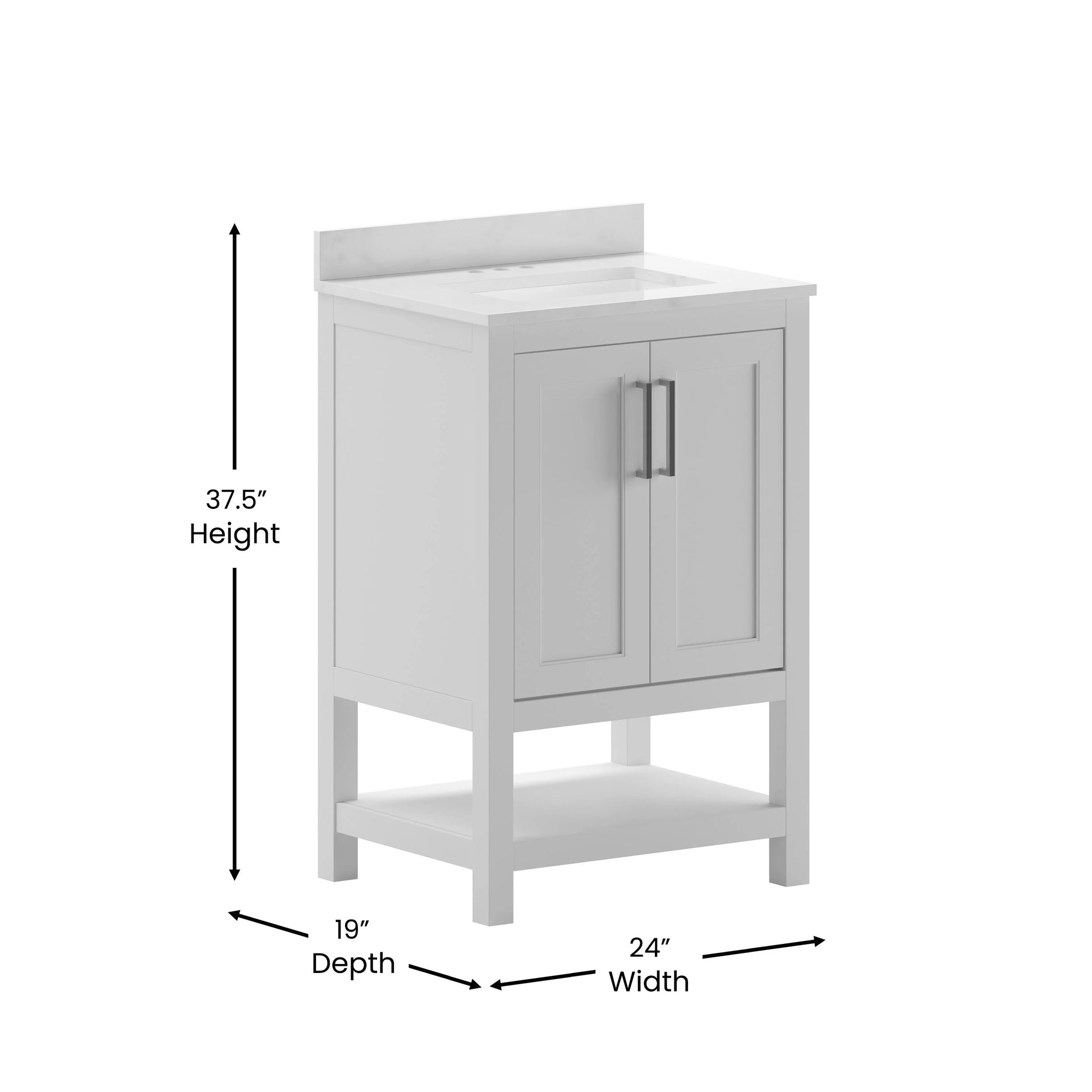 BizChair 24 Inch Bathroom Vanity with Sink Combo, Storage Cabinet with Soft Close Doors and Open Shelf, Carrara Marble Finish Countertop, White/White