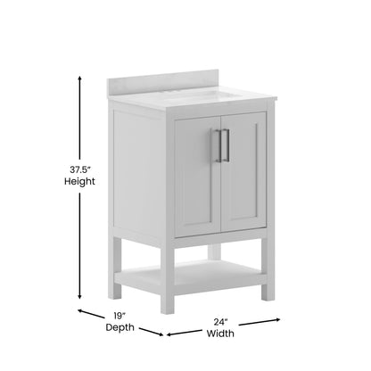 BizChair 24 Inch Bathroom Vanity with Sink Combo, Storage Cabinet with Soft Close Doors and Open Shelf, Carrara Marble Finish Countertop, White/White