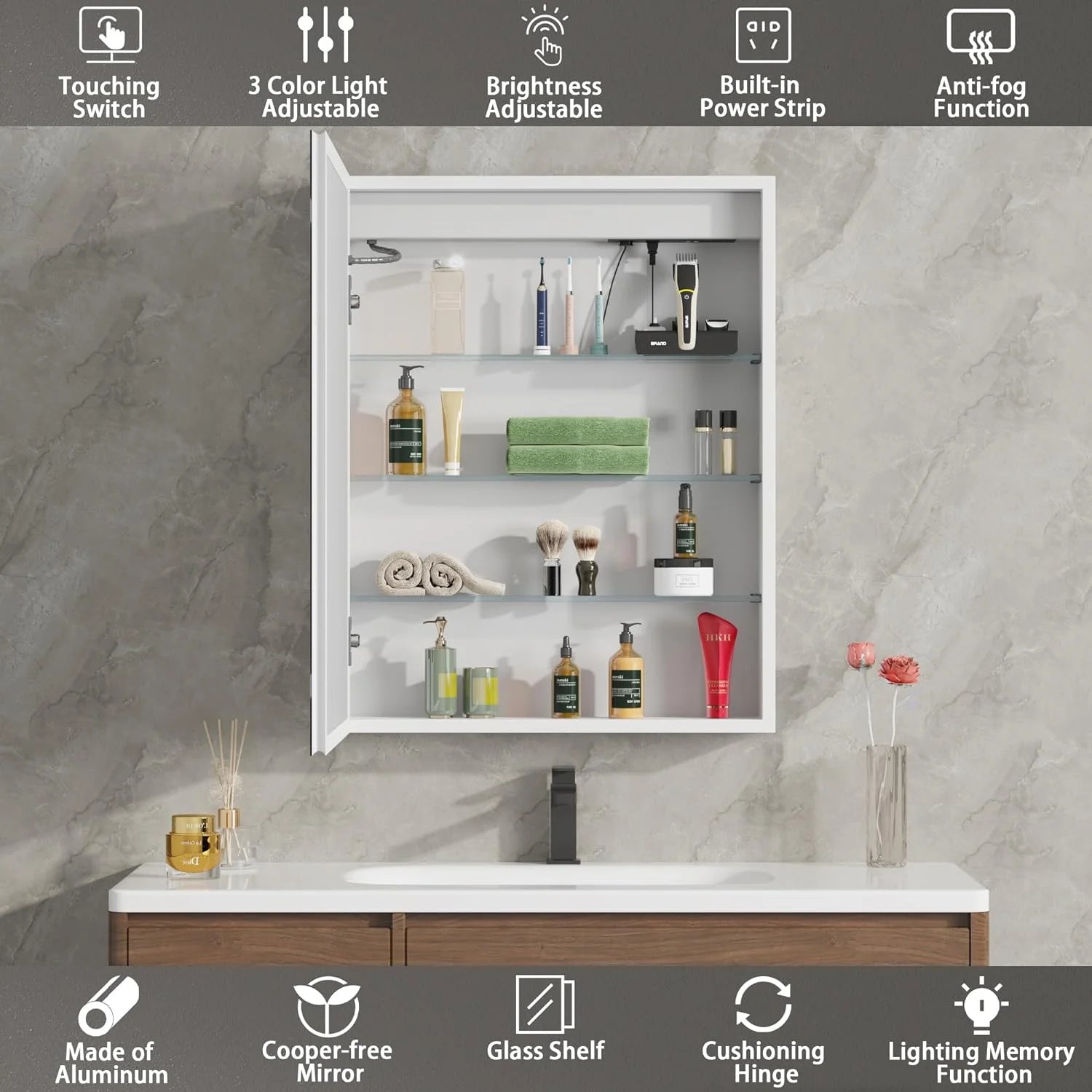 DEYGIA Medicine Cabinet with LED Mirror for Bathroom, 24''x30'' Aluminum, Wall Mounted Led Medicine Cabinet, Defog, Stepless Dimming, 3 Colors, 2 Outlets, 2USB (24'' x 30°?Single Door)