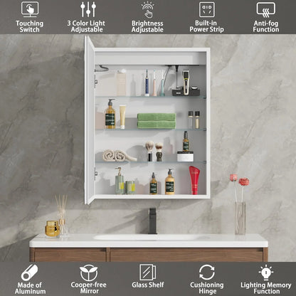 DEYGIA Medicine Cabinet with LED Mirror for Bathroom, 24''x30'' Aluminum, Wall Mounted Led Medicine Cabinet, Defog, Stepless Dimming, 3 Colors, 2 Outlets, 2USB (24'' x 30°?Single Door)