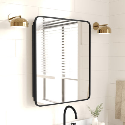 Merrick Lane 24" x 30" Reversible Bathroom Wall Medicine Cabinet with Rounded Rectangular Beveled Mirror and Black Metal Frame and Shelves