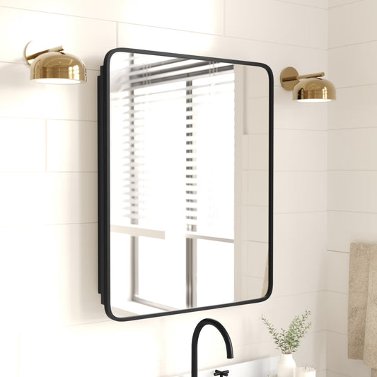 Merrick Lane 24" x 30" Reversible Bathroom Wall Medicine Cabinet with Rounded Rectangular Beveled Mirror and Black Metal Frame and Shelves