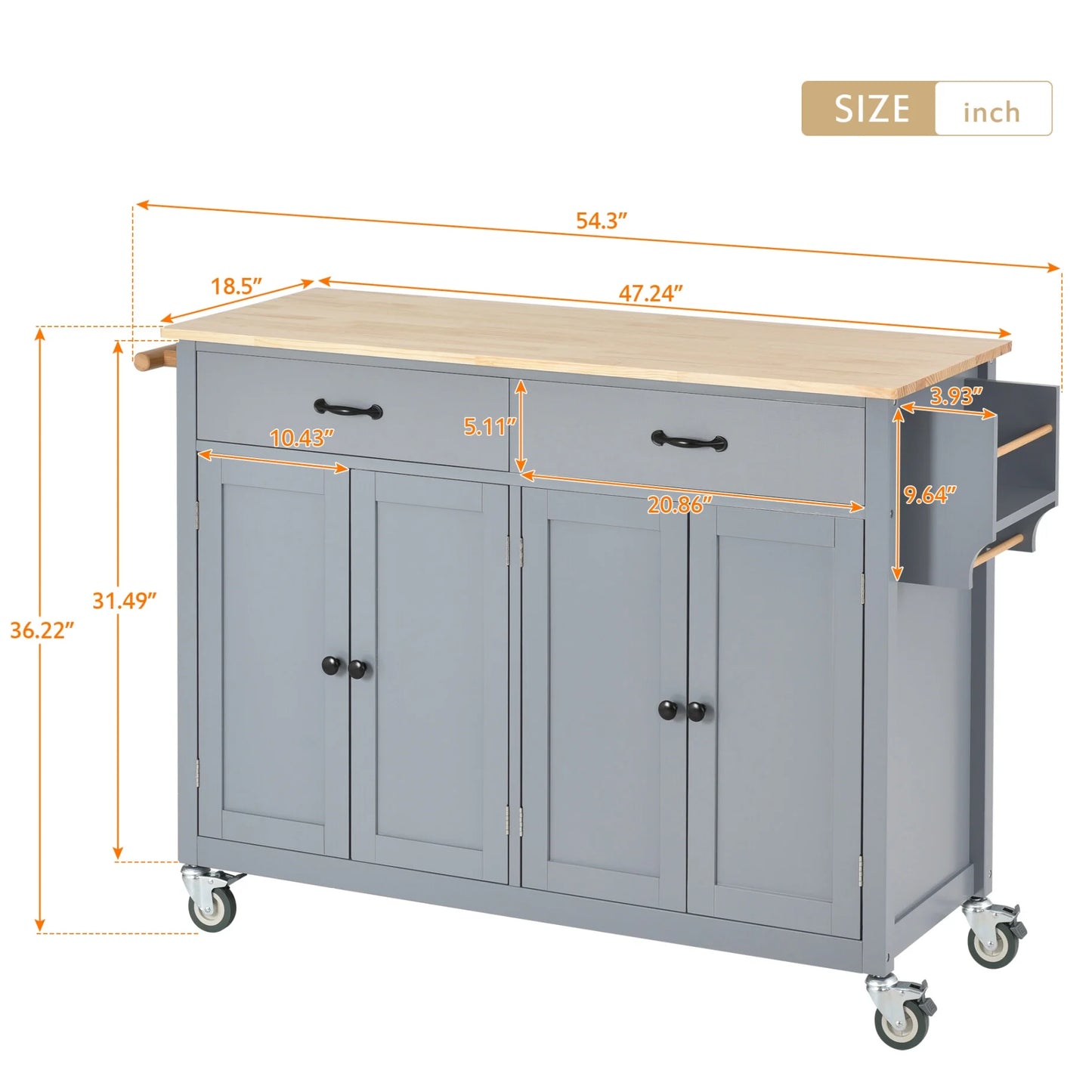 54.3" Kitchen Island Cart, Modern Solid Wood Storage Cabinet with Locking Wheels, 4 Door, Spice Rack, Towel Rack and Two Drawers, Rolling Mobile Kitchen Island Table, Blue