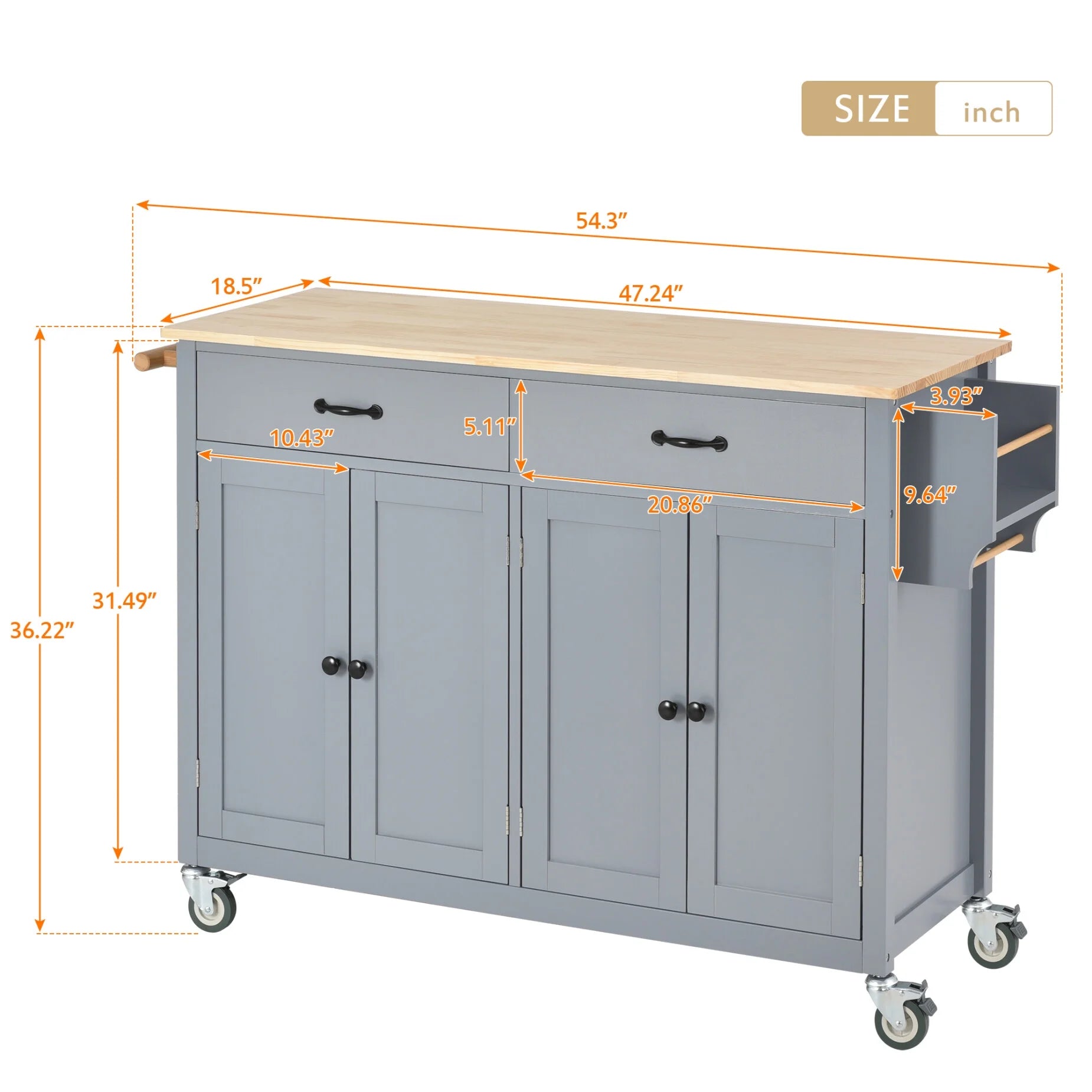 54.3" Kitchen Island Cart, Modern Solid Wood Storage Cabinet with Locking Wheels, 4 Door, Spice Rack, Towel Rack and Two Drawers, Rolling Mobile Kitchen Island Table, Blue