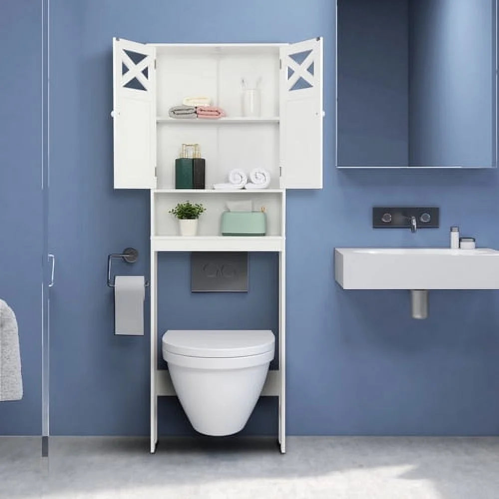 SamyoHome Wooden Over The Toilet Cabinet Bathroom Freestanding Cabinet with Shelves, White