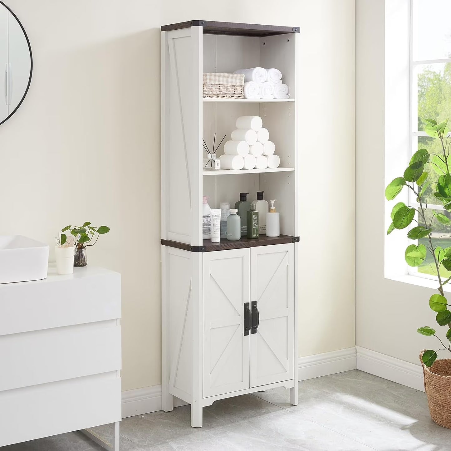 70.87 Tall Bathroom Storage Cabinet, Farmhouse Storage Cabinet with 2 Barn Doors and Adjustable Shelves, Floor Cabinet for Bathroom, Living Room, Entryway, Kitchen (Antique White)