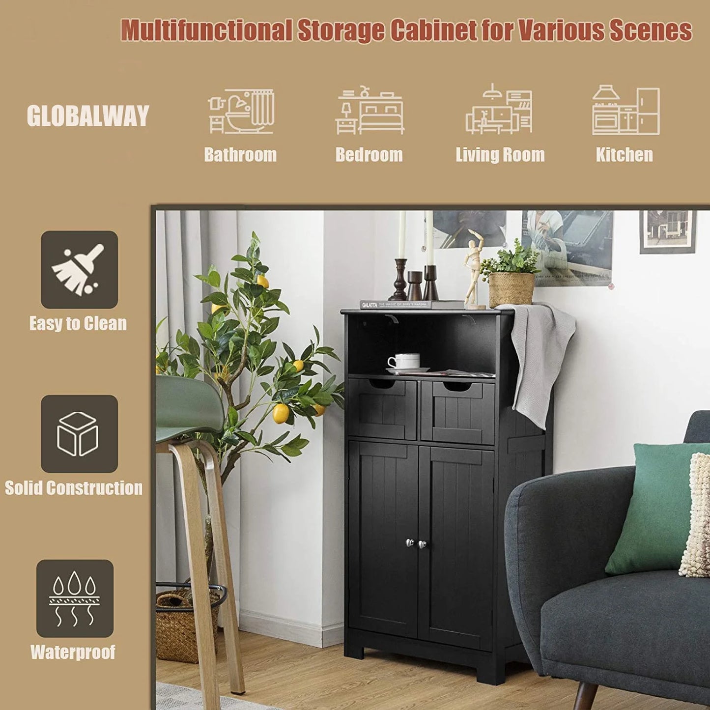 Giantex Multifunctional Floor Cabinet, Freestanding Bathroom Cabinet with Removable Drawers and Adjustable Shelf for Bathroom, Living Room, Bedroom or Entryway, 24 x 12 x 43 inches (Black)