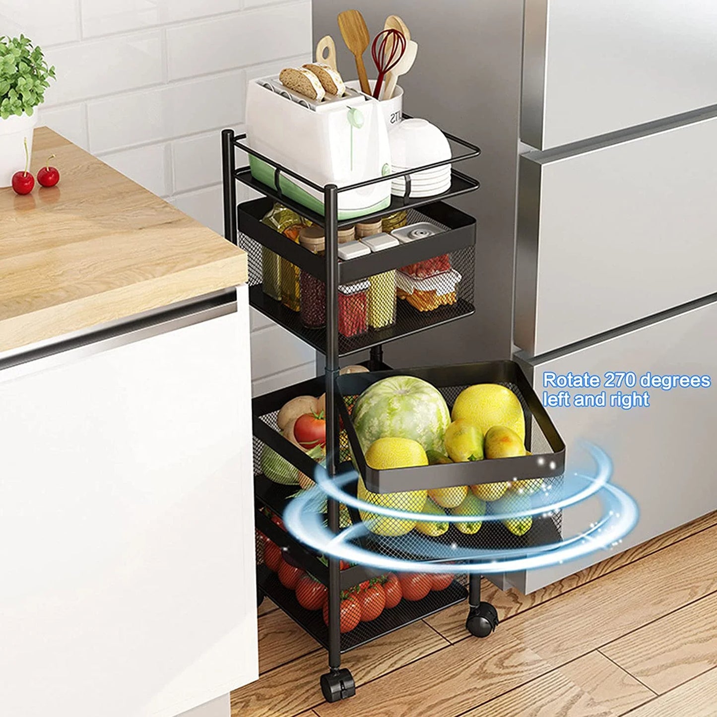 MONIPA 4 Tier Rotatable Baskets Storage Rack,Black Baskets Shelf 360° Ratate,Large Capacity Storage Trolley with 4 Wheels for kitchen,Bathroom,Living room (Square)