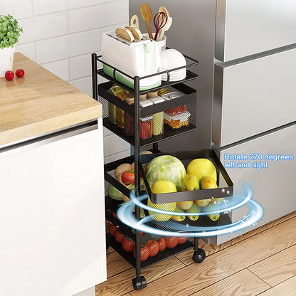 MONIPA 4 Tier Rotatable Baskets Storage Rack,Black Baskets Shelf 360° Ratate,Large Capacity Storage Trolley with 4 Wheels for kitchen,Bathroom,Living room (Square)