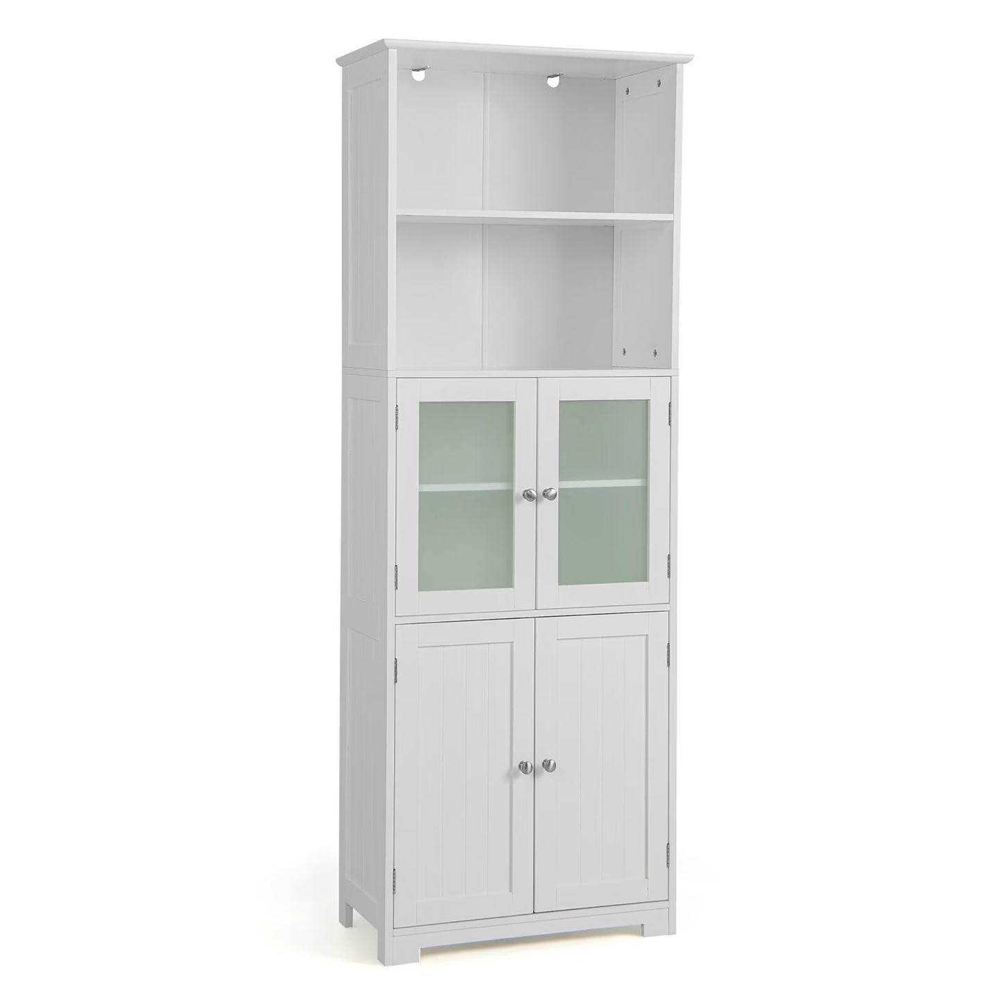 Gymax Bathroom Tall Storage Cabinet Linen Tower w/Glass Door & Adjustable Shelf Grey