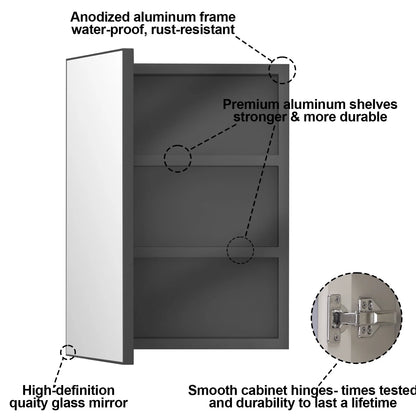 Ciumeeo Bathroom Wall Cabinet Single Door Wall Mount Storage Medicine Cabinet with Mirror and Hidden Shelves Black