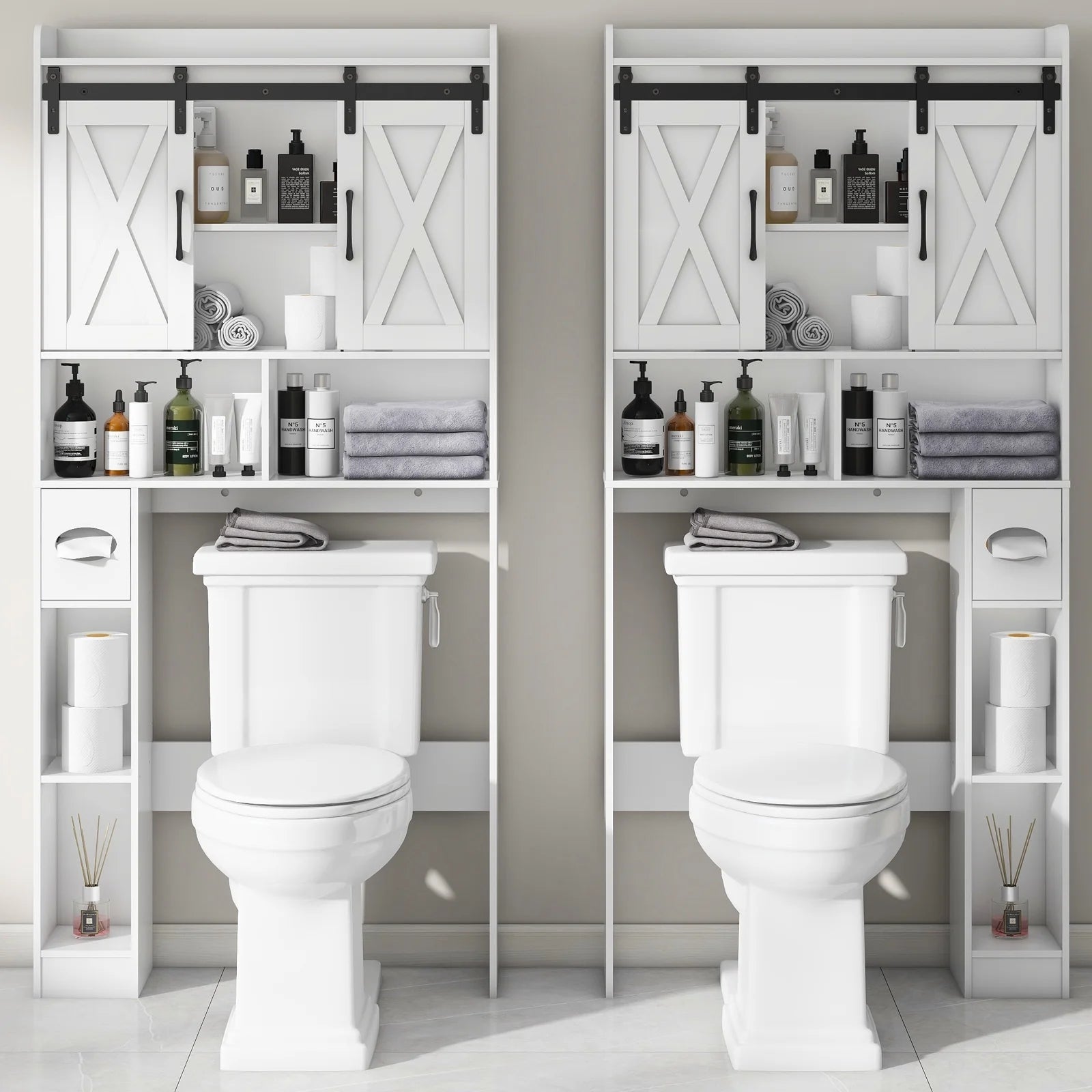 Over The Toilet Storage Cabinet, Farmhouse Storage Cabinet Over Toilet with Sliding DoorsHome Space-Saving Toilet Rack, for Bathroom, Restroom, Laundry