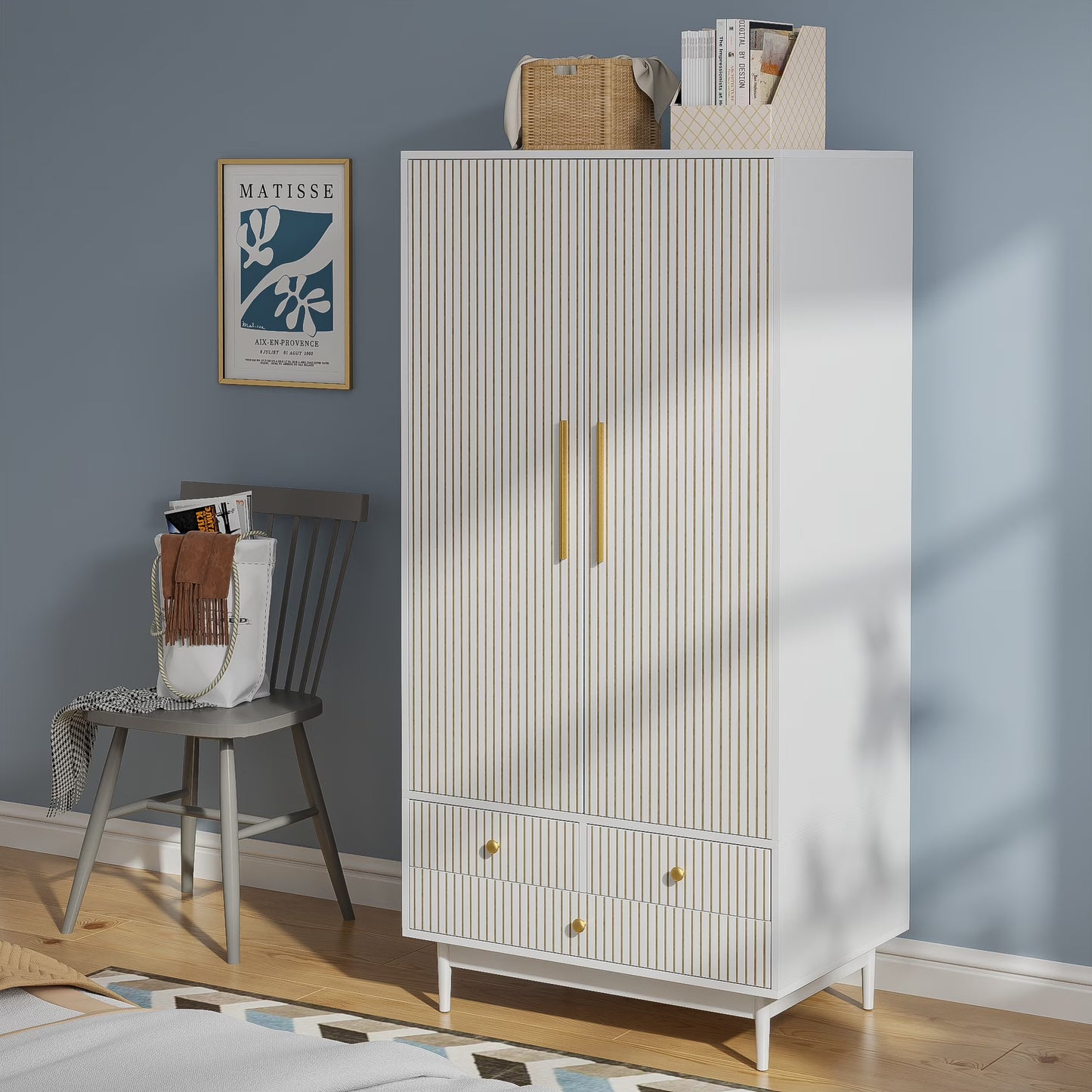 Armoire Wardrobe Closet, Closet Wardrobe Cabinet with Drawers and Hanging Rail for Bedroom, White