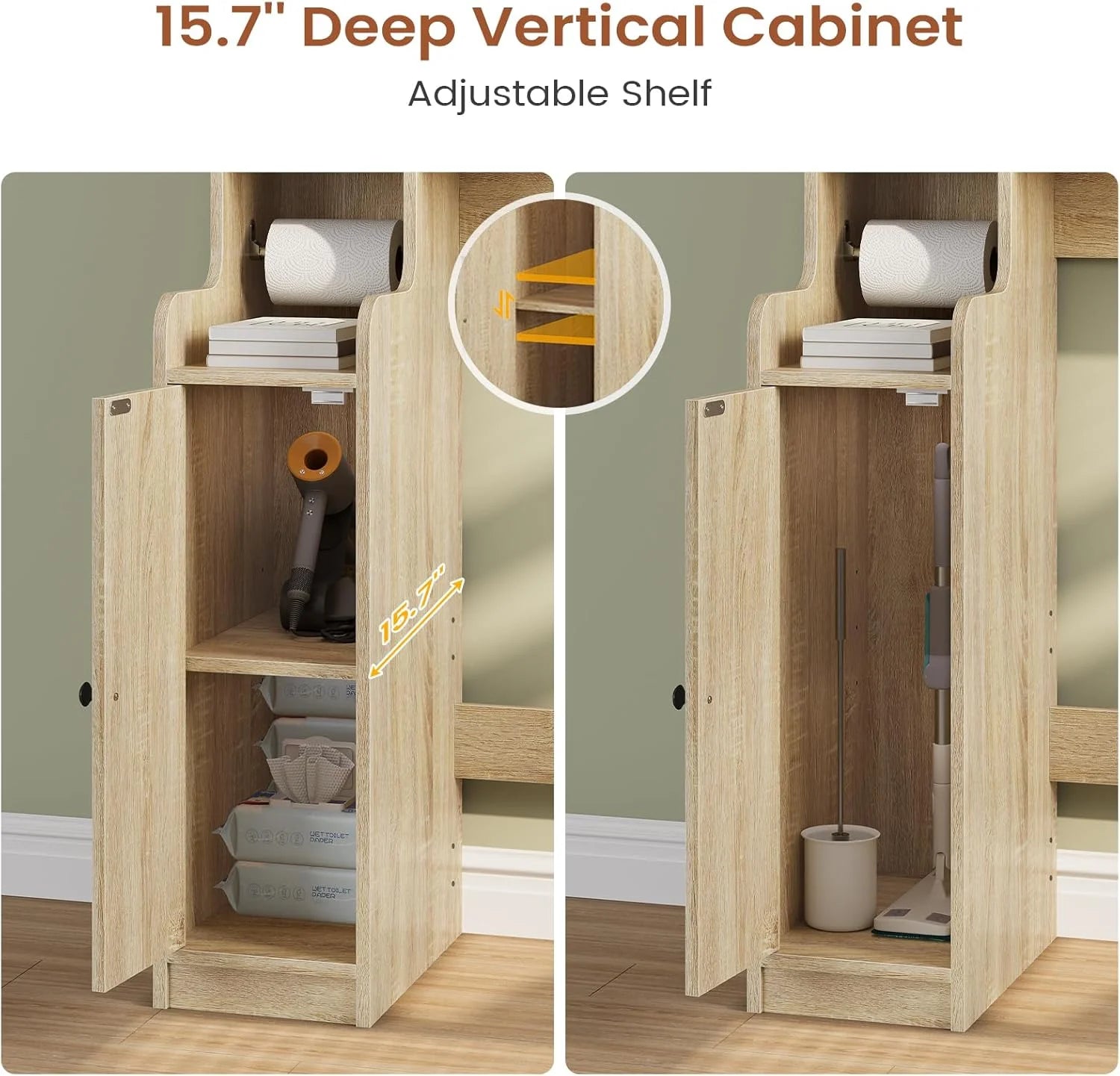 Over The Toilet Storage Cabinet with 3 Doors, Farmhouse Space Saver for Bathroom Organizer with Paper Holder, 10 Shelves and Hooks, 7-Tier Over Washing Machine Cabinet for Laundry, Bathroom, Natural