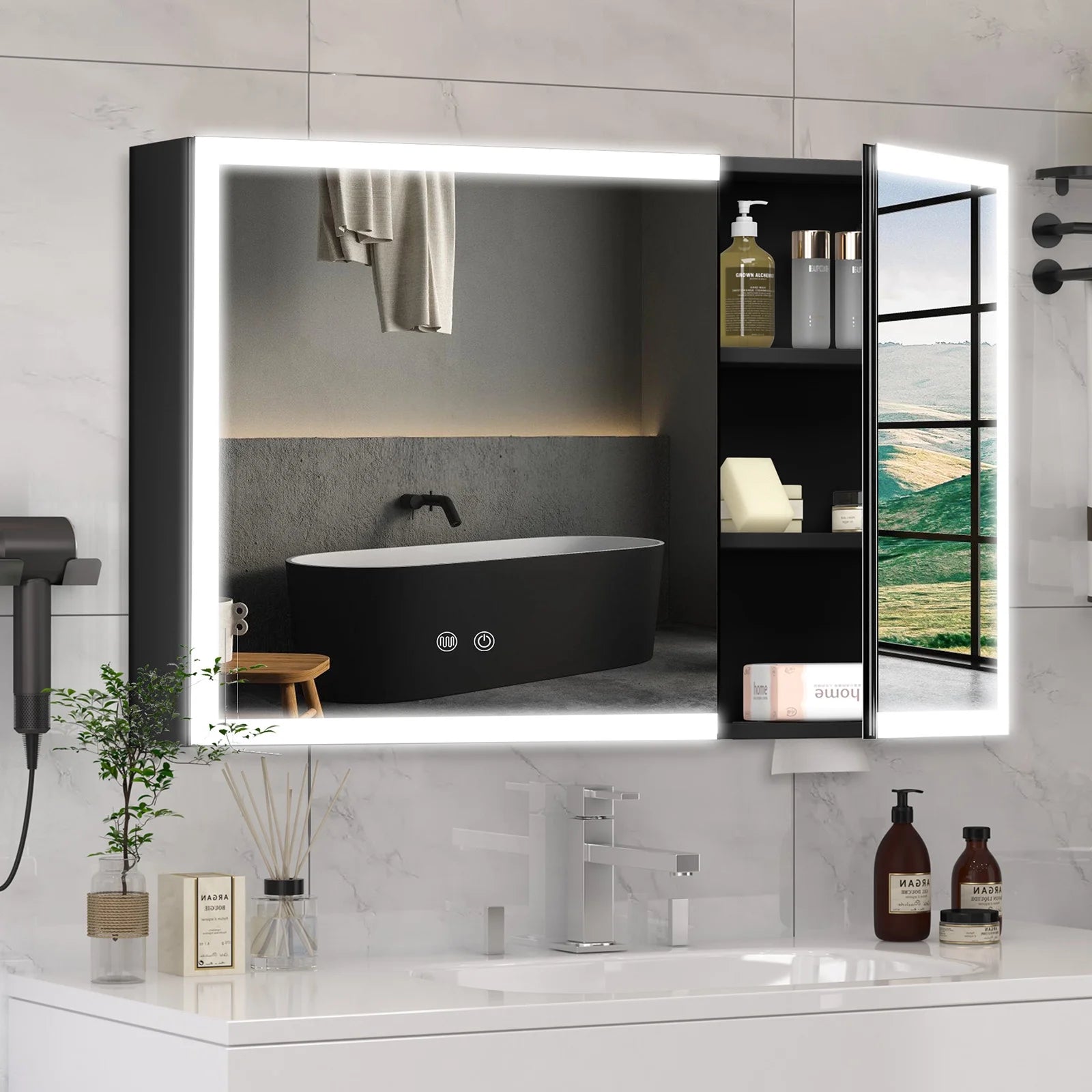 JBLCC LED Lighted Medicine Cabinet with Mirror, Wall Mounted Bathroom Cabinet with Touch Sensor, Anti-Fog, Black