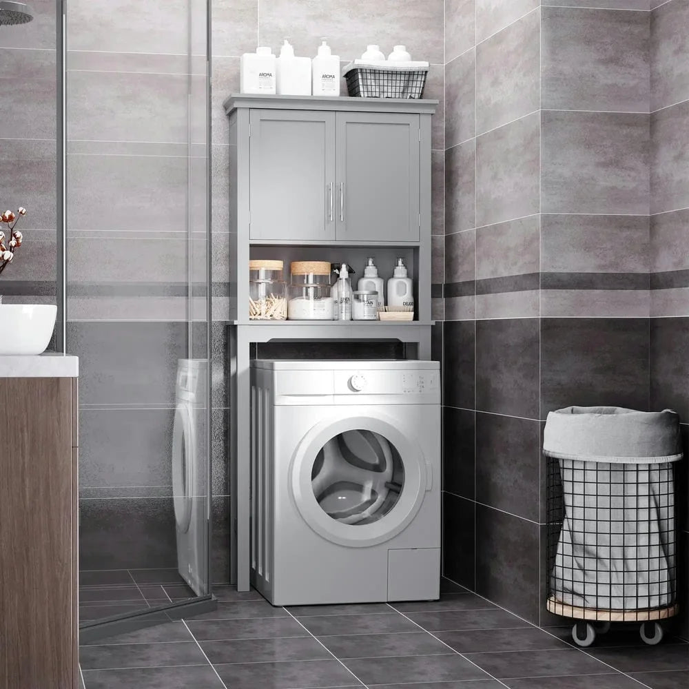 Kepooman Toilet Storage Cabinet, Toilet Organizer Cabinet,Modern Over The Toilet Storage Cabinet, Double Door Bathroom Organizer with Open Shelf, Grey