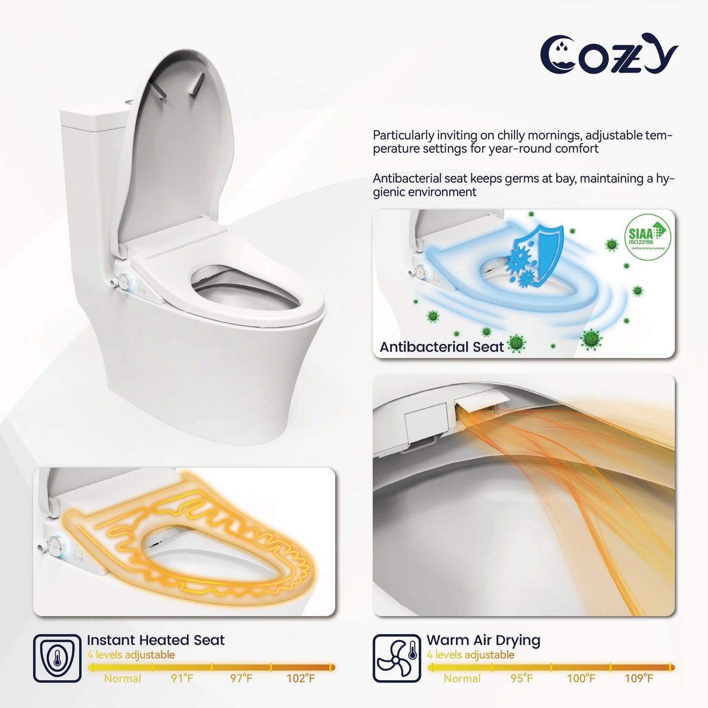 COZY Electric Bidet Toilet Seat, 15.4 x 19.9 Inch, Adjustable Bidet Toilet Seats