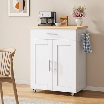 SELOOYE Kitchen Island Cart with Storage, Rolling Side Table, Large Worktop, Cabinet, Towel Rack, Drawers