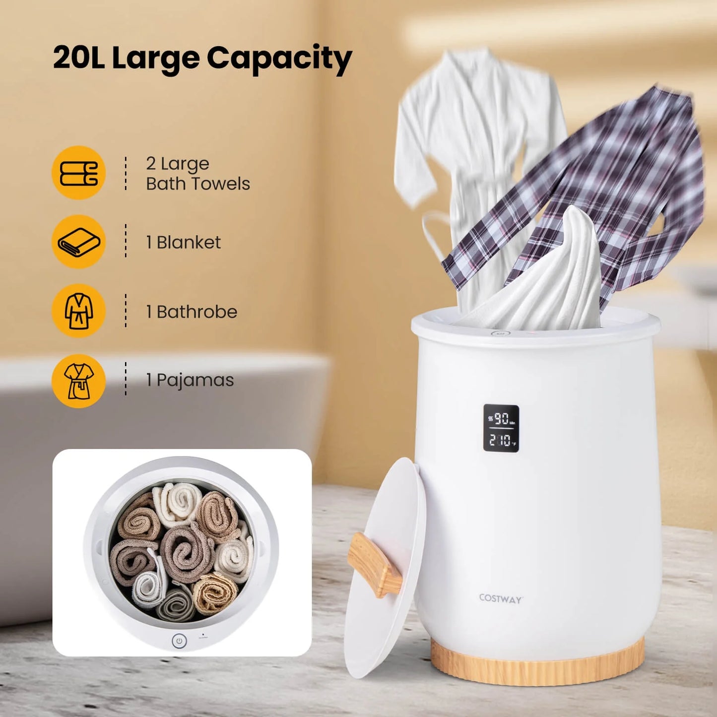 Costway 20L Bathroom Towel Warmer Bucket with Fragrance Holder & LED Display White