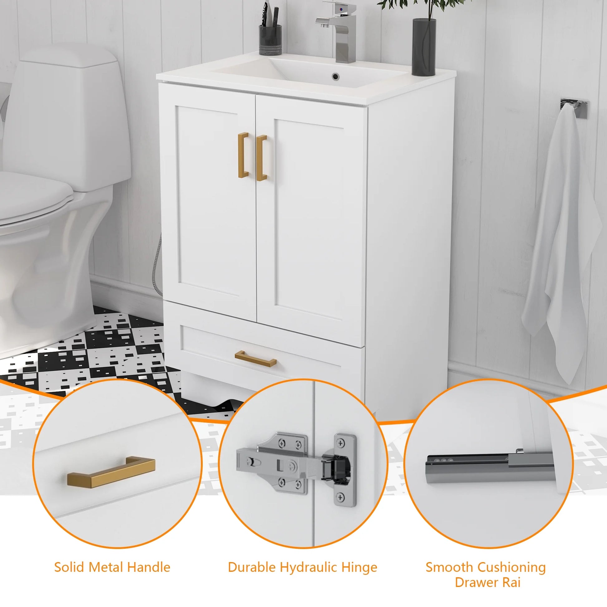 24" Bathroom Vanity with Ceramic Undermount Sink - Freestanding 2-Door & 1-Drawer Storage Cabinet, White