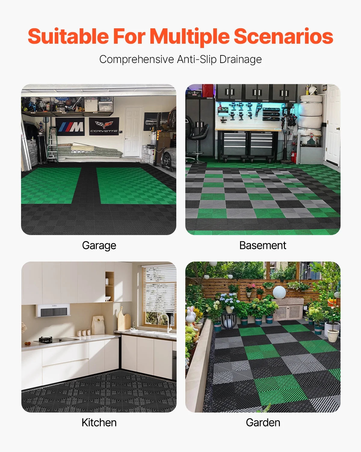 KFFKFF Drainage Floor Mat Set, 12° x 12° Modular Interlocking Padding, Set of 55 Connectable Drainage Mats, Slip-Resistant Black PP Drainage Floor and Bath Mat, Suitable for Garage, Garden