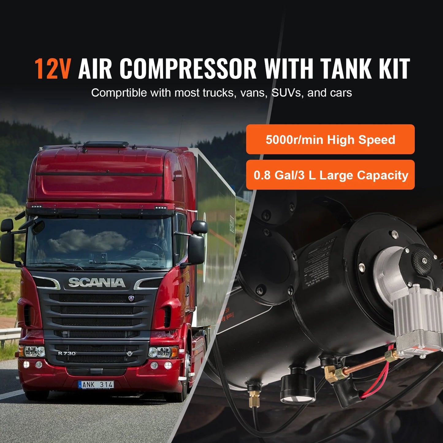 KFFKFF 12V Air Compressor System, 0.8 Gal/3L Tank, 120 psi, Ideal for Train Horns, Tire Inflation, and Air Mattresses, Onboard Compressor with Tank