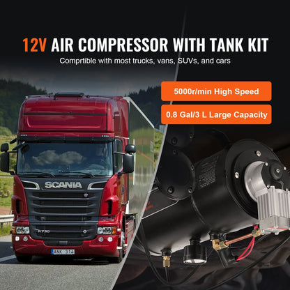 KFFKFF 12V Air Compressor System, 0.8 Gal/3L Tank, 120 psi, Ideal for Train Horns, Tire Inflation, and Air Mattresses, Onboard Compressor with Tank
