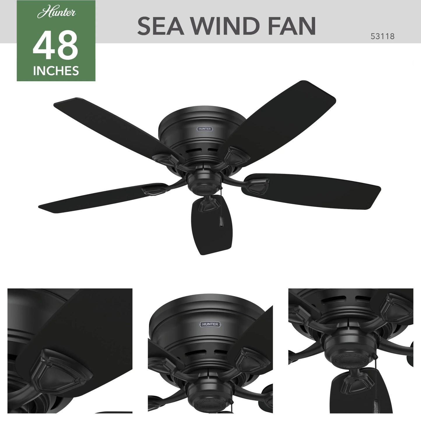 Hunter - Sea Wind Indoor/Outdoor Low Profile Ceiling Fan, 48-inch, Matte Black, Nautical-style, 3-speed WhisperWind Motor, 53118, for Porches, Bathrooms