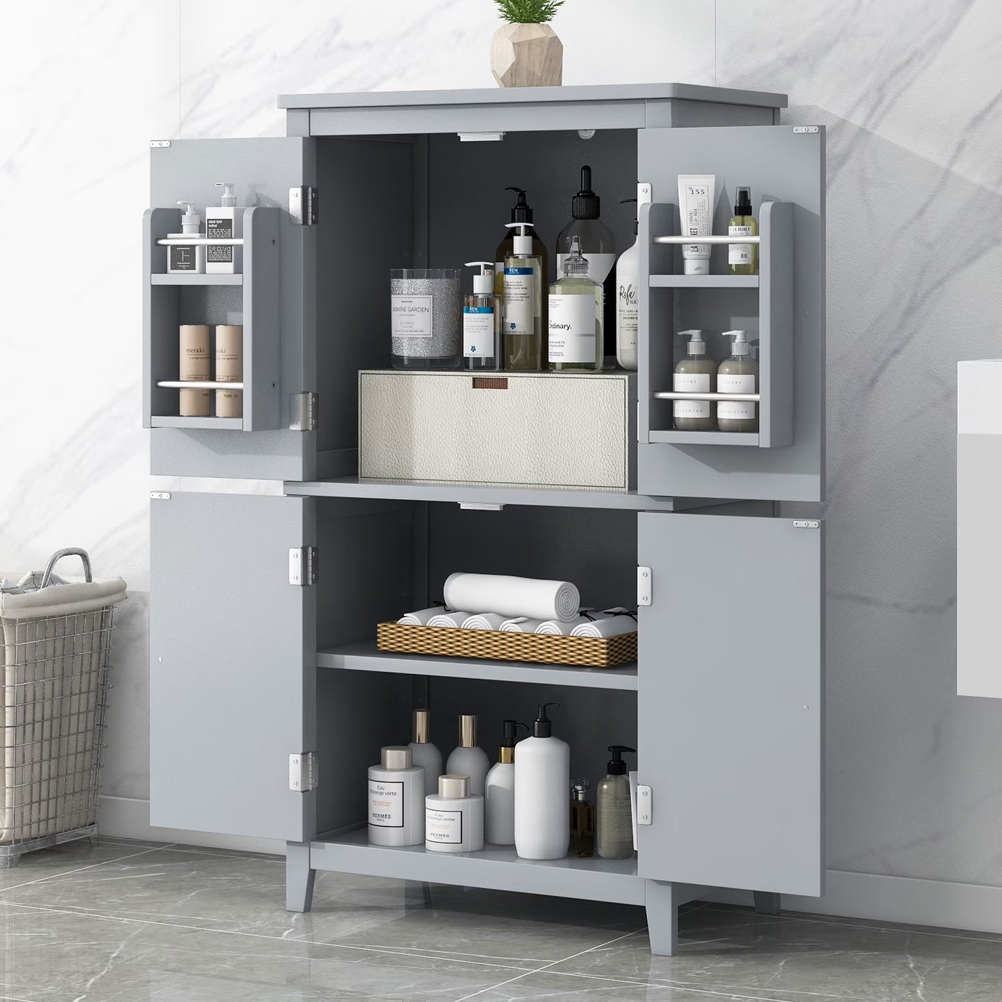 Bellemave Bathroom Floor Storage Cabinet with 4 Doors and Adjustable Shelf Freestanding Cabinet Multifunctional Small Storage Organizer for Living Room 23.6°?x 11.8°?x 43.3°?(White, 4 Doors)