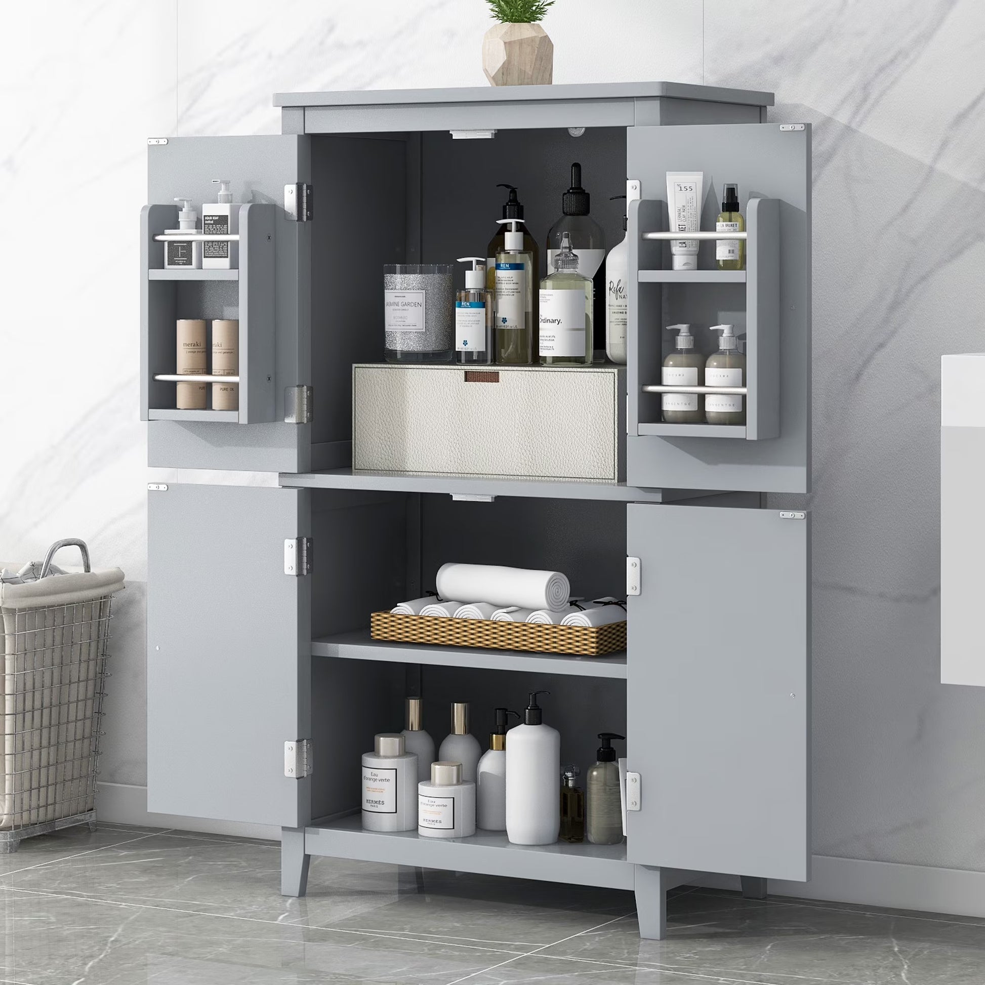 Bellemave Bathroom Floor Storage Cabinet with 4 Doors and Adjustable Shelf Freestanding Cabinet Multifunctional Small Storage Organizer for Living Room 23.6°?x 11.8°?x 43.3°?(White, 4 Doors)