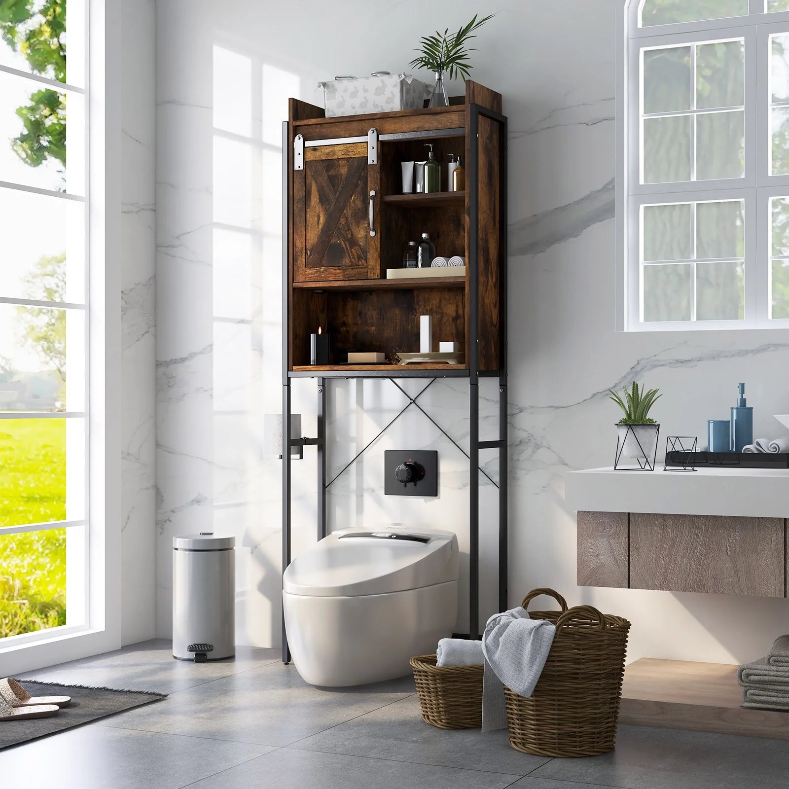 Topbuy Over The Toilet Storage Cabinet 4-Tier Bathroom Organizer w/Adjustable Shelves Sliding Barn Door & Toilet Paper Holder Rustic Brown