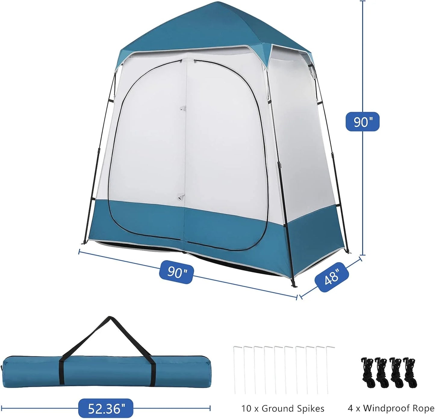 PINDEE Oversize 2 Rooms Shower Tent, 7.5 FT Outdoor Pop up Changing Room, Instant Extra Wide Privacy Shelter for Camping Dressing Toilet Bathroom with Carry Bag, Blue & White