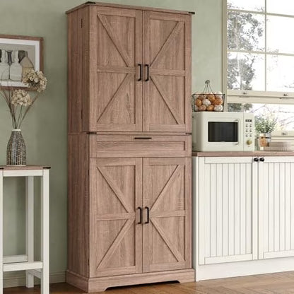 FUSOU 72'' Kitchen Storage Pantry Cabinet, Tall Storage Cabinet with 8 Door Shelves, 2 Cabinets and 1 Drawer, Freestanding Cupboard for Kitchen, Dining Room, Bathroom, Laundry
