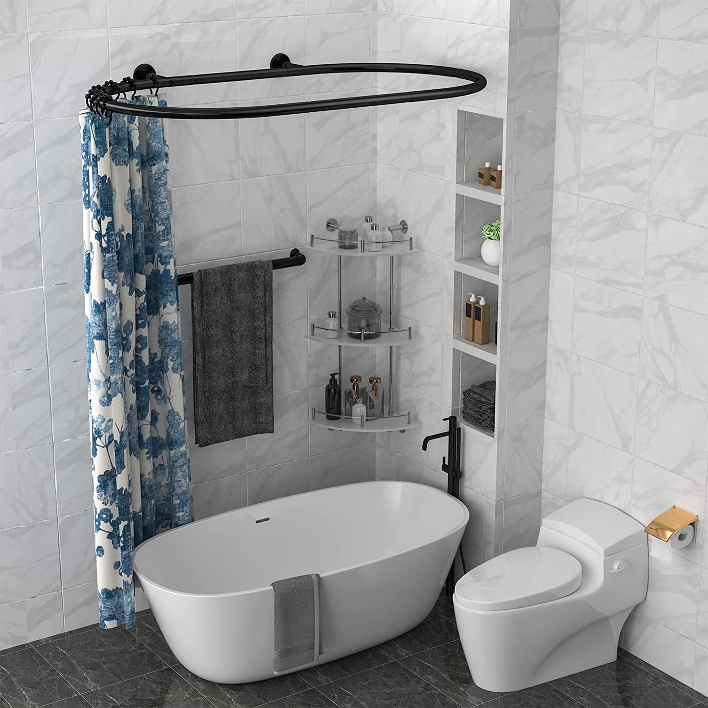Aluminum Alloy Oval Shower Curtain Rod Hoop Square Shape Bathroom Rod for Clawfoot Tub Free Standing Tubs (Black)