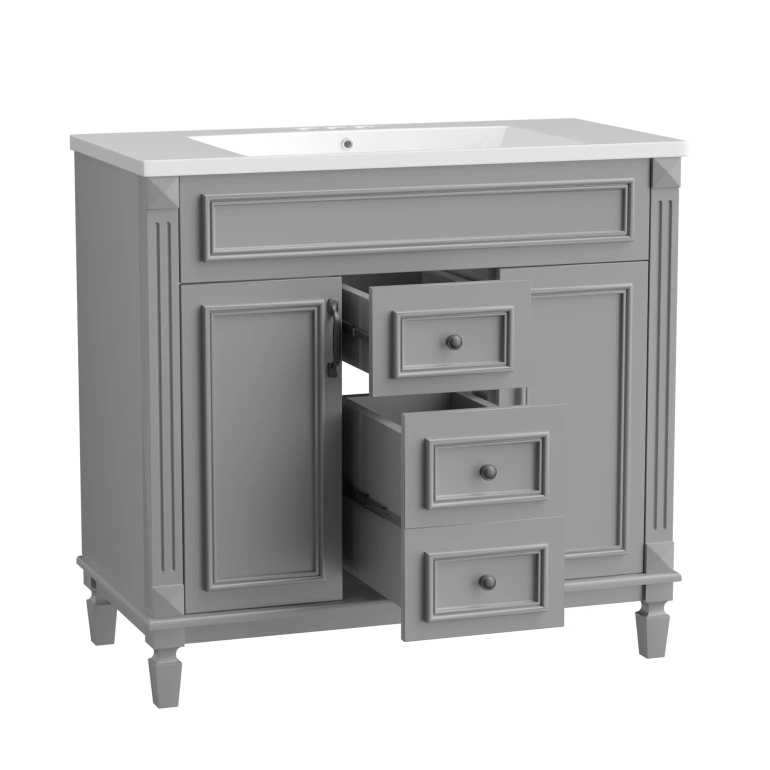 Modern Bathroom Furniture Set, 36" Bathroom Vanity with Top Sink, 35" Wall Mounted Bathroom Storage Cabinet, Mirror Cabinet with 6 Shelves, Storage Cabinet with 2 Doors and 2 Drawers, Grey