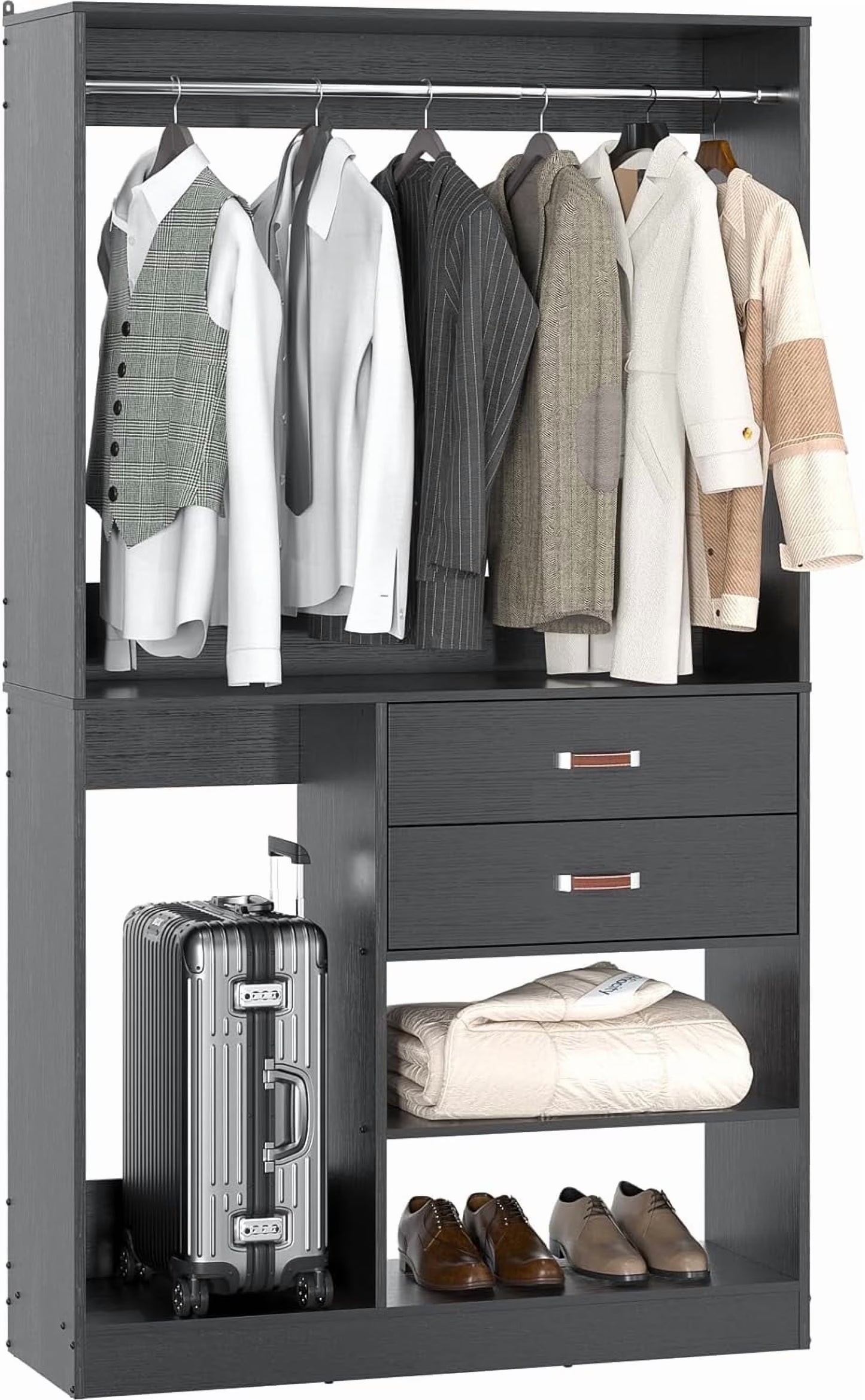 Homieasy Freestanding Closet System with Suitcase Storage, 40 Inches Stand-alone Wardrobe with 2 Wood Drawers, 80'' Height Adjustable Cloth Garment Rack, Walk-in Closet with Hanging Rod, White